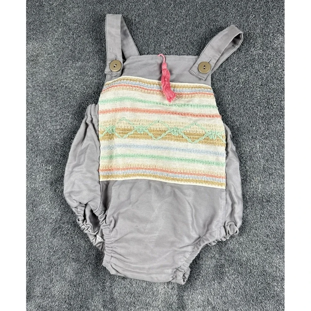 SeaBaby Gray Embroidered Bubble Romper Sleeveless‎ Tassel Detail Baby One Piece